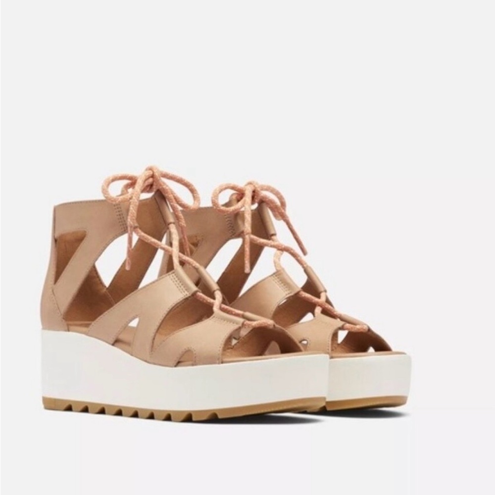 SOREL CAMERON FLATFORM LACE SANDALS LEATHER HONEST BEIGE SIZE 10 US NWT